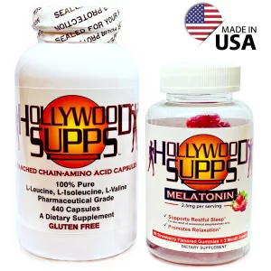 Bottles of Hollywood Supps BCAA and Melatonin with Made in USA graphic