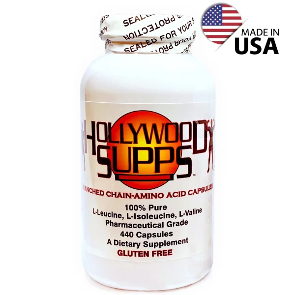 Bottle of Hollywood Supps BCAA Capsules with Made in USA graphic