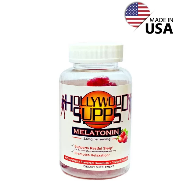 Bottle of Hollywood Supps Melatonin with Made in USA graphic